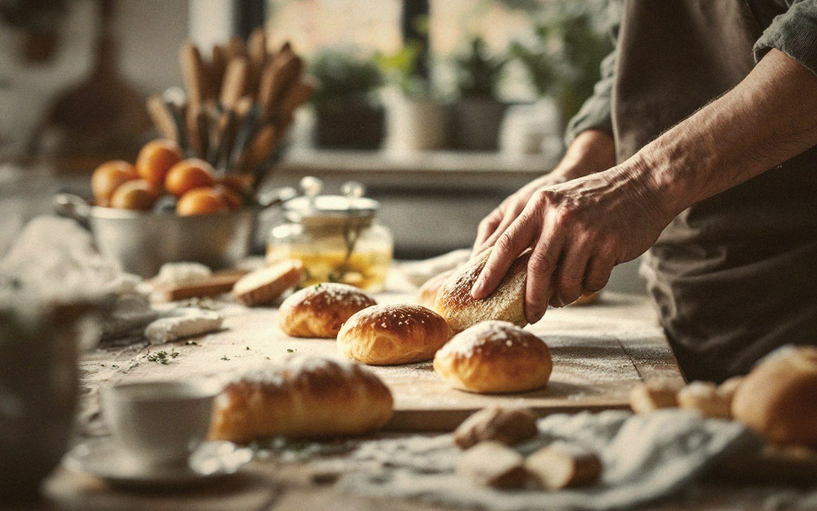 A baker sliding loaves into an oven