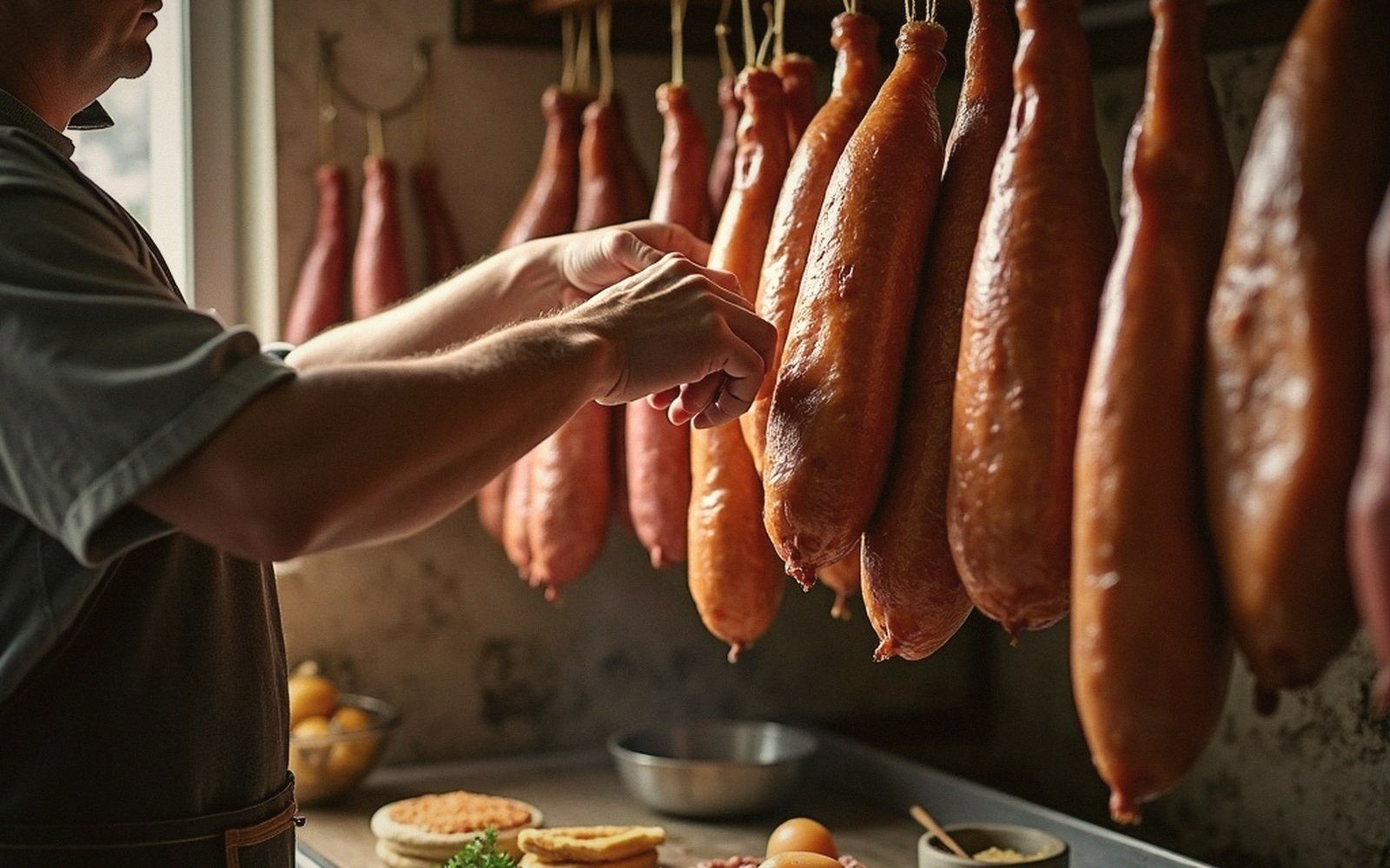 A person hangs cured sausages above a table set with bowls and bread
