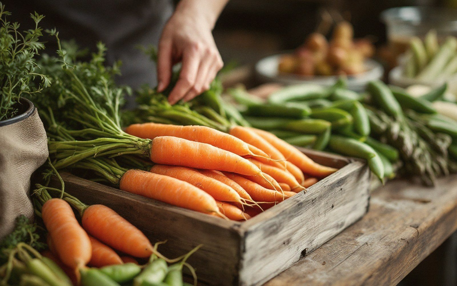 A hand arranges bunched carrots and green beans in a wooden crate on a table