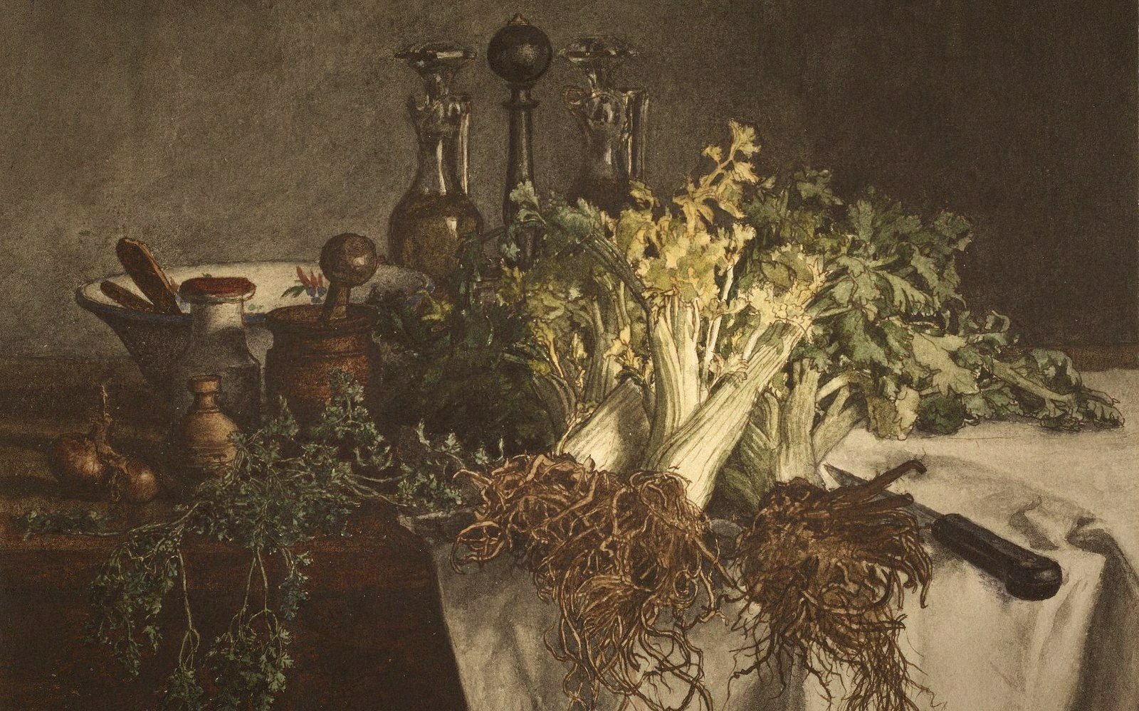 Still life painting of celery roots, herbs, glass cruets and bowls on a draped table