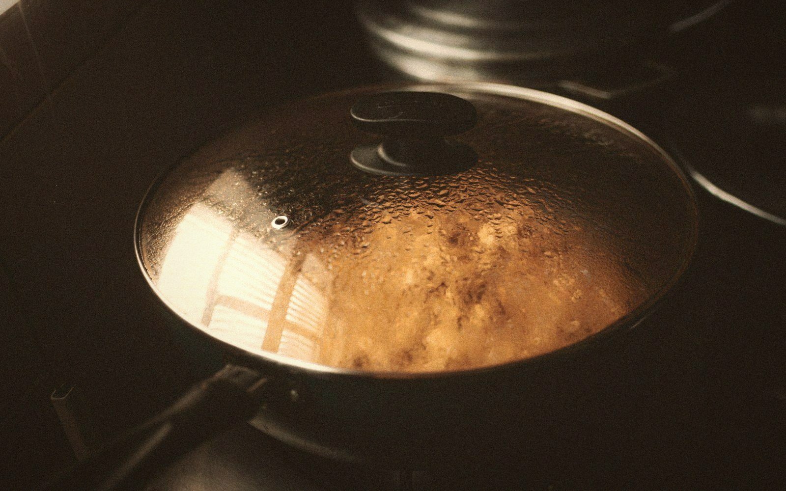 Steam condenses on a glass pot lid as food simmers on a stovetop