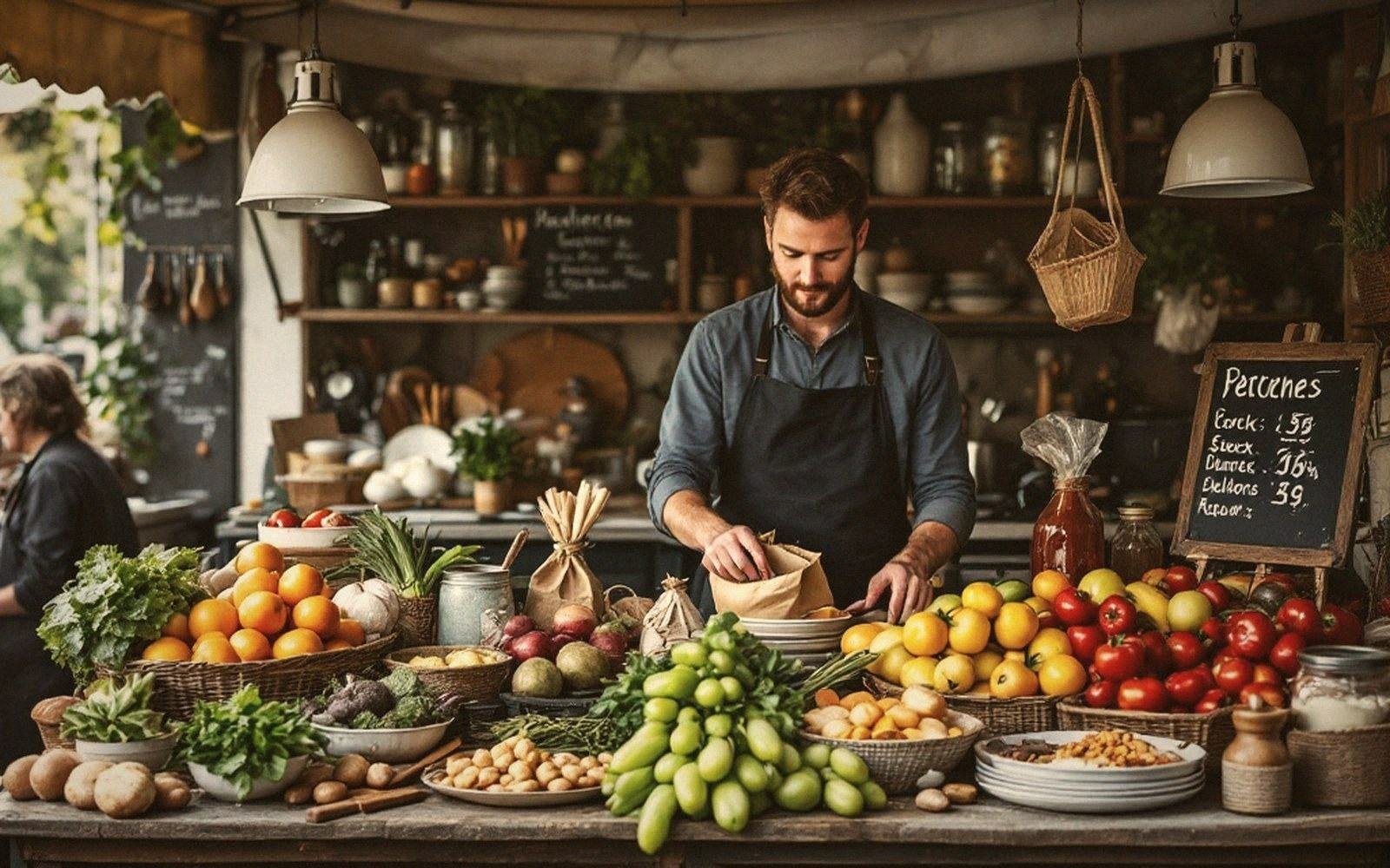 A vendor arranges produce at a market stall filled with fruits and vegetables