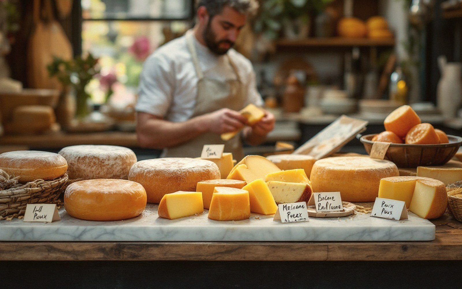 A market stallholder handing over a wrapped cheese