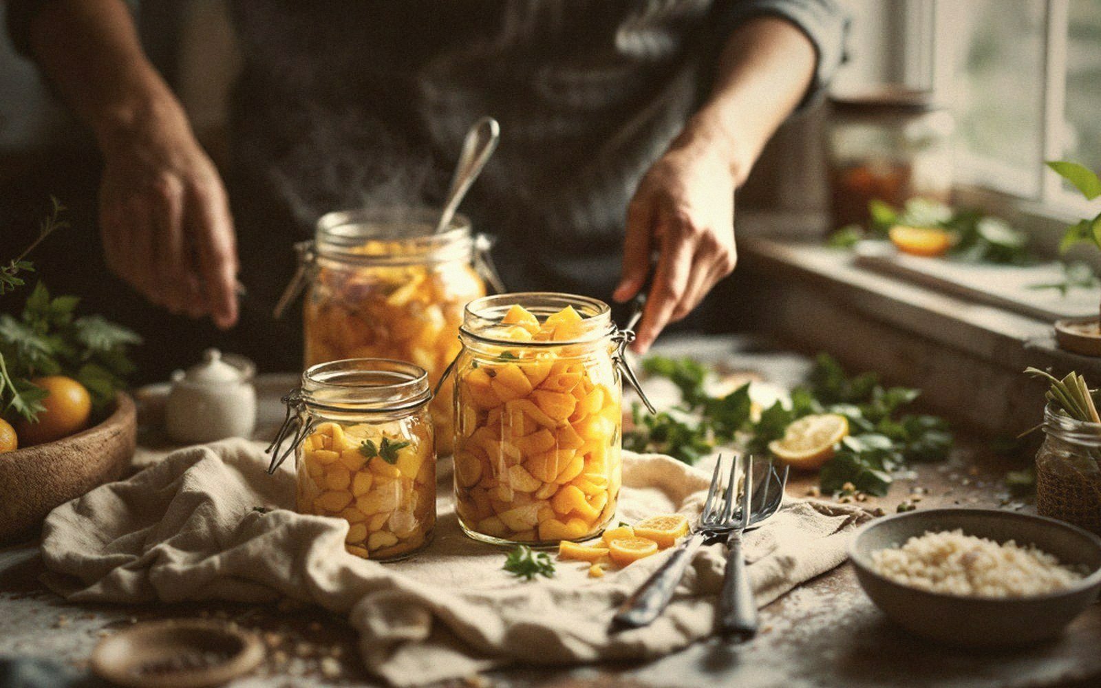 Filled preserving jars cooling on a cloth